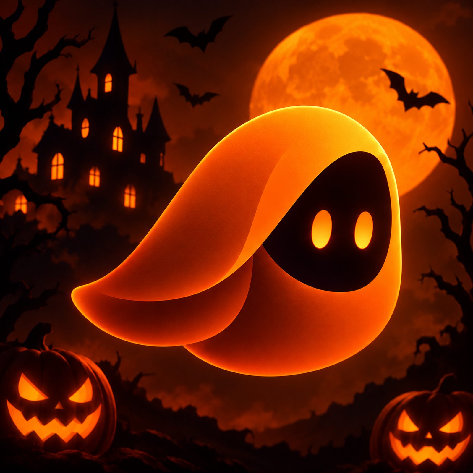 Veiloween ghost floating under an orange full moon